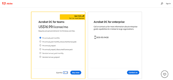 Adobe Acrobat offers two pricing plans for users.