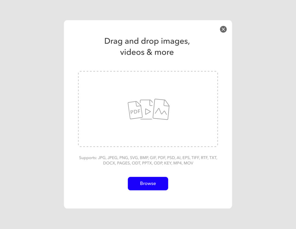 The upload modal in MarkUp.io, which you can use to upload videos, images, and more.