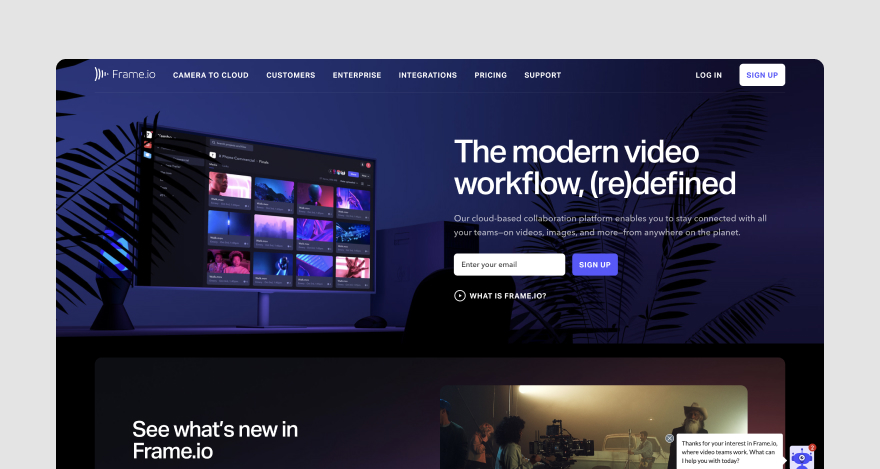 Frame.io's homepage, which reads, "The modern video workflow, redefined."