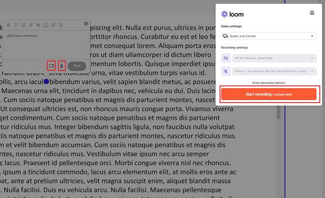 How to record a video comment with the Loom integration.