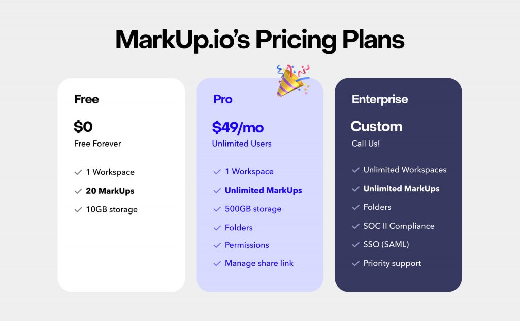 MarkUp.io's three pricing plans