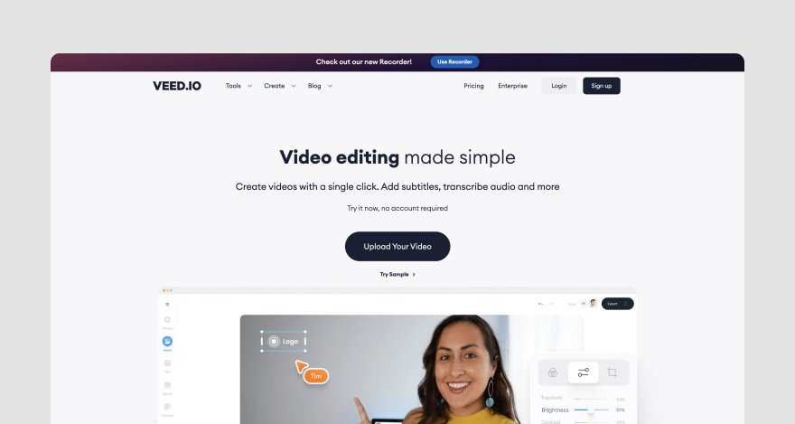 Veed.io's homepage, which reads, "Video editing made simple."