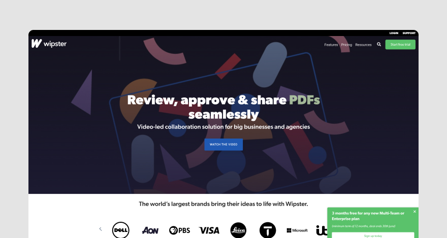 Wipster's homepage, which reads, "Review, approve & share PDFs seamlessly."