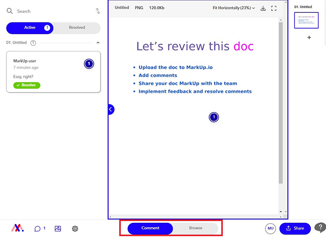 How to toggle on "Comment mode" in MarkUp.io 