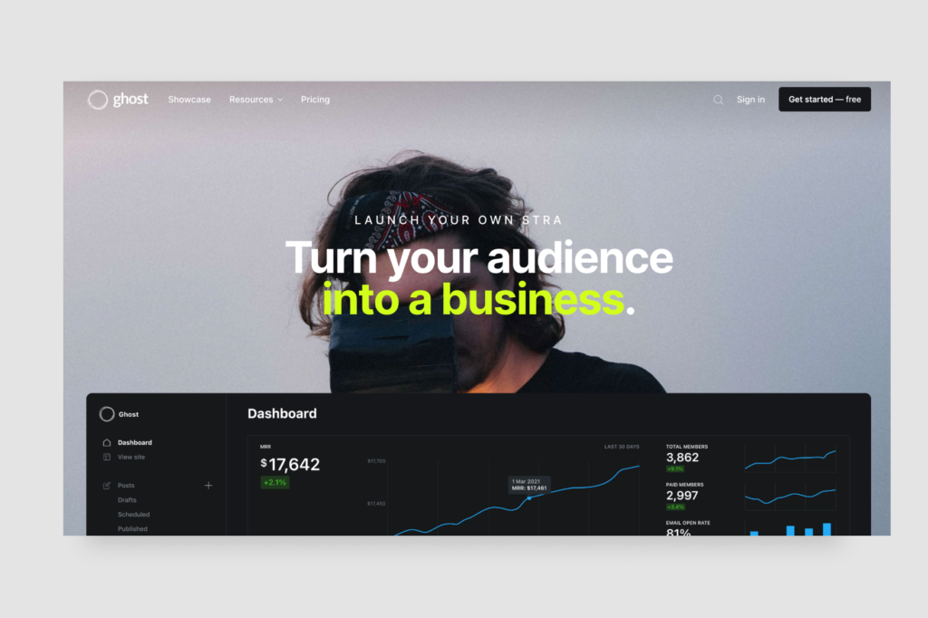 Ghost's homepage, which reads, "Turn your audience into a business."