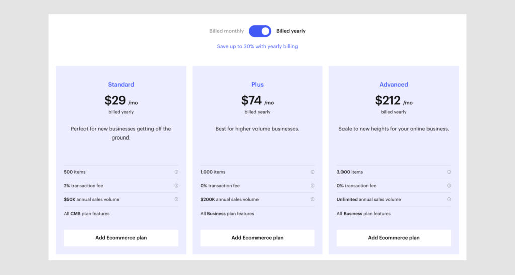 Side-by-side comparison of Webflow's three eCommerce plans and the features included.