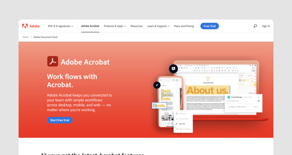 Adobe Acrobat's homepage.