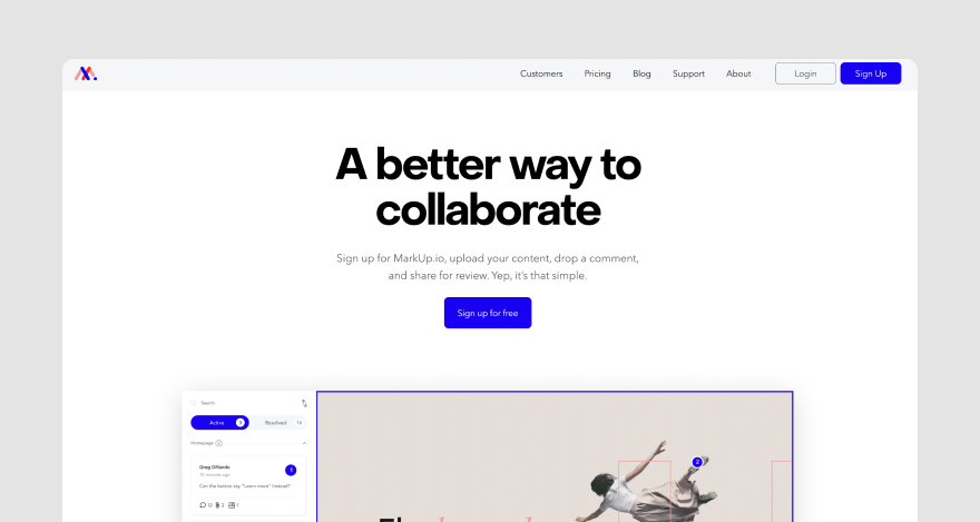 MarkUp.io's homepage, which reads, "A better way to collaborate."