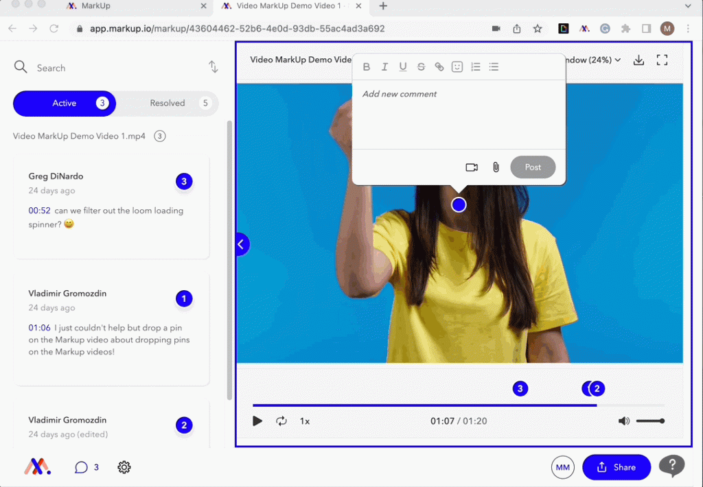 GIF that shows how to add a Loom to a Video MarkUp.