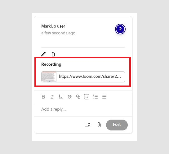 A Loom that has been uploaded to a MarkUp user's comment.