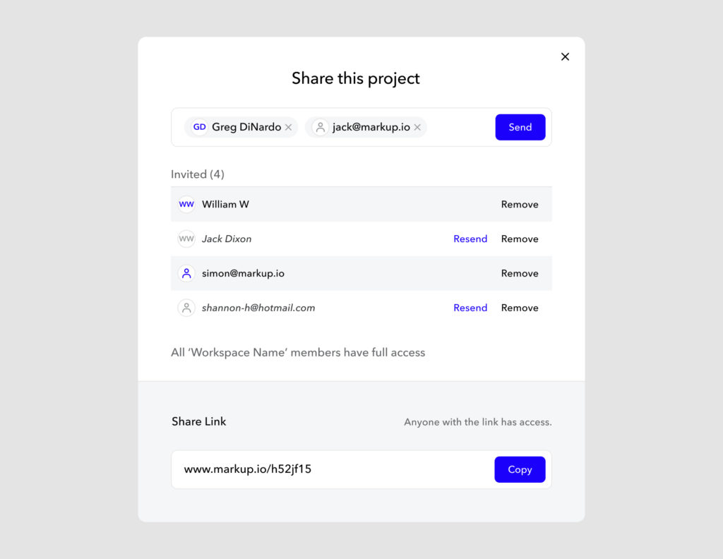 MarkUp.io share modal, which lists the emails of four reviewers invited to a MarkUp.