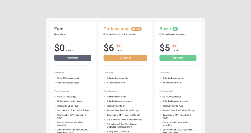 Awesome Screenshot's three pricing plans.