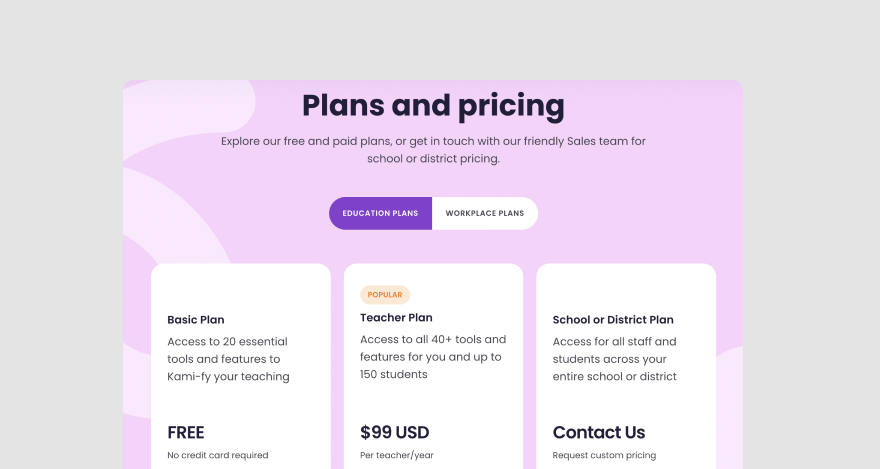 Kami's three pricing plans.