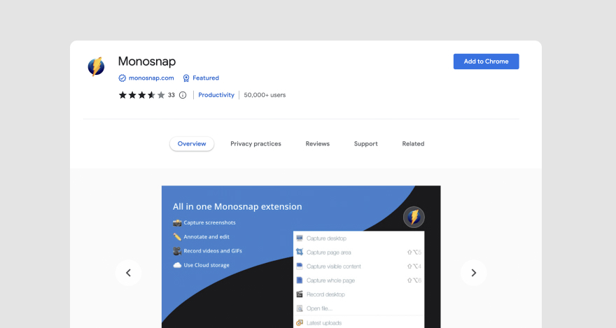 Monosnap extension homepage.