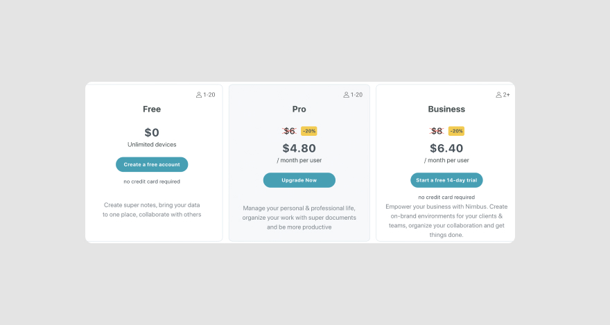 Nimbus' three pricing plans.