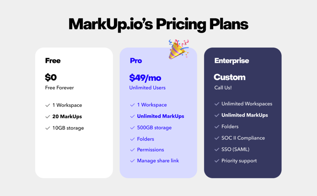 MarkUp.io's three pricing plans