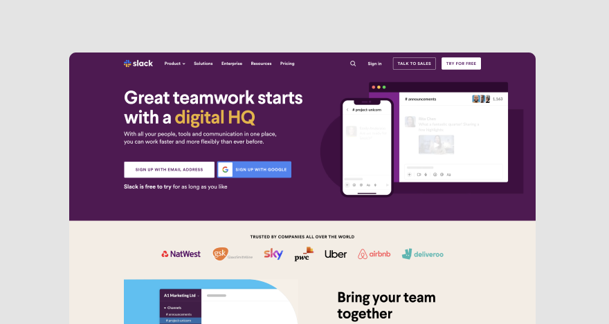 Slack homepage