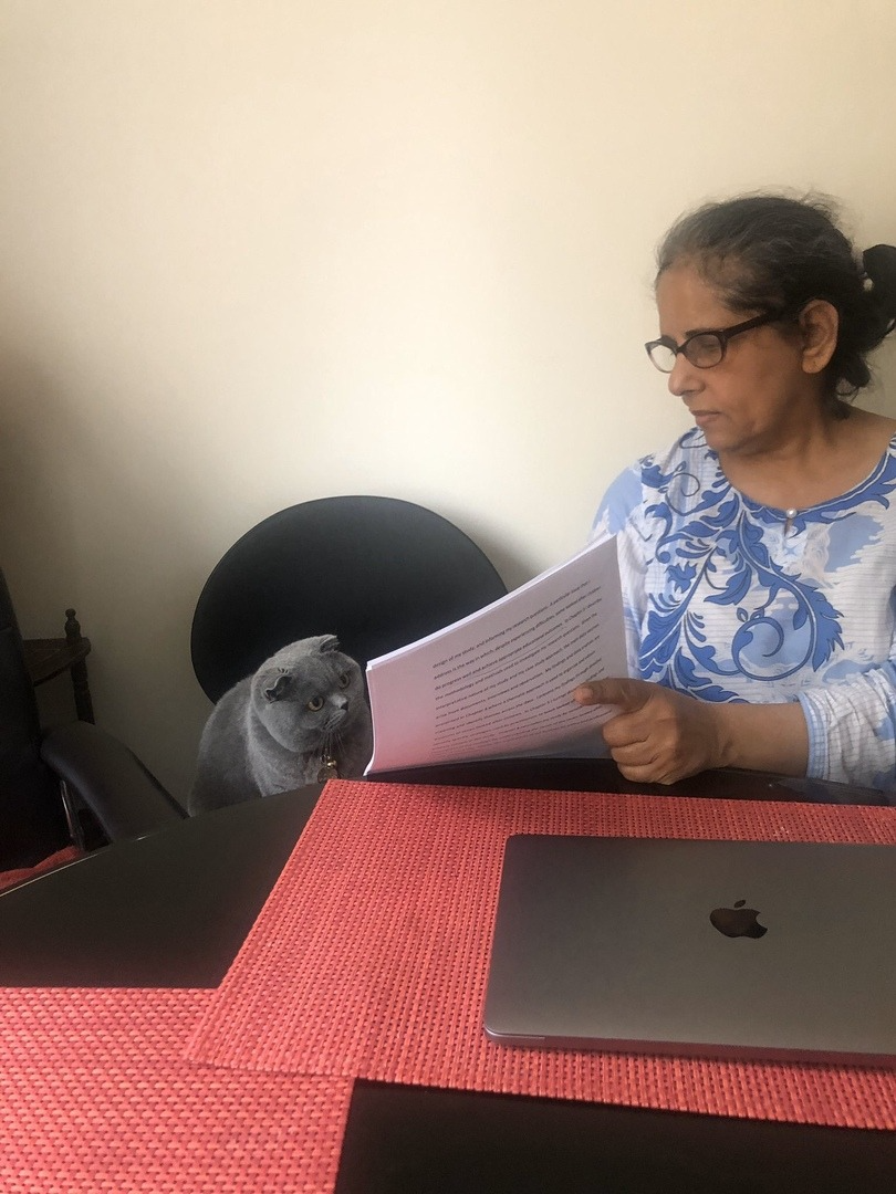 Teacher showing a concerned-looking cat a document.