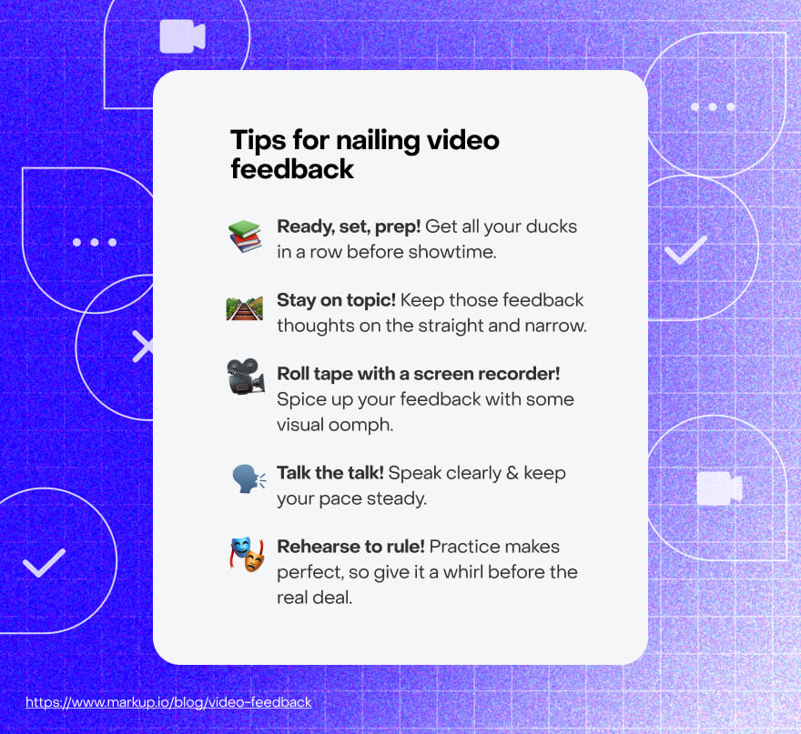 Graphic listing five tips for nailing video feedback, including preparation, staying on topic, using a screen recorder, speaking clearly, and rehearsing.