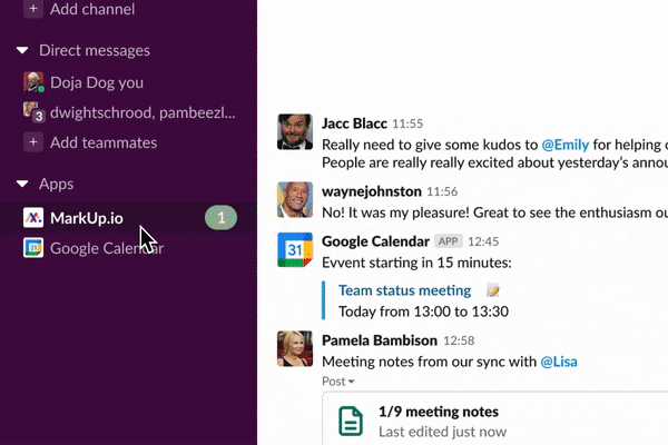 GIF showing a user receiving a MarkUp notification in their Slack workspace as part of a marketing team workflow.