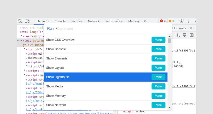 Screenshot of Chrome Developer Tools showing the Elements, Console, Sources, Network, Performance, Memory, and Lighthouse panels.