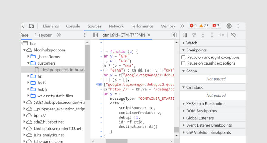 Screenshot of Chrome Developer Tools showing the Elements panel with a JavaScript function highlighted. The function is used to load the Google Tag Manager container on the page.