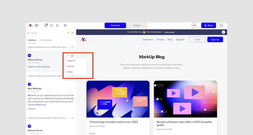 Screenshot of the new drop-down menu in MarkUp.io's sidebar.

It includes the following options:

- Copy link
- Get info
- Delete