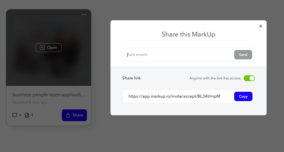 A screenshot showing how to share files in MarkUp.io.